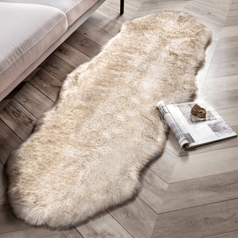 Phantoscope Faux Fur Rug, Fluffy Soft Faux Fox Fur Area Rugs for Bedroom Livingroom Kids Room Decor,Shaggy Fur Rugs Anti-Skid, White Brown, 2 x 6 Feet - Image 1